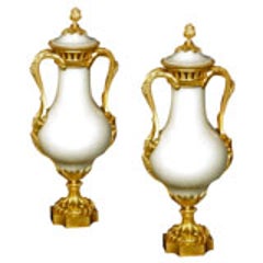 Pair White Marble And Gilt Bronze Lidded Urns 2