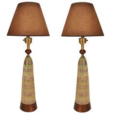 Pair of Mid Century Wood and Pottery Lamps by Heifitz