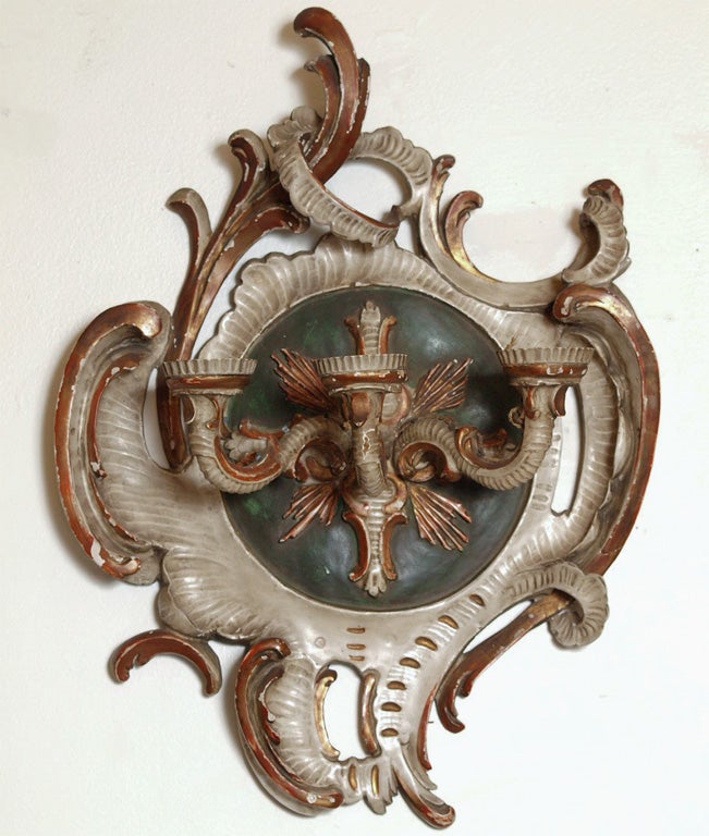 Pair of German Baroque painted wall sconces with three arms in the Louis XV taste.