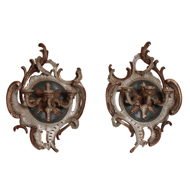 PAIR GERMAN BAROQUE PAINTED WALL SCONCES