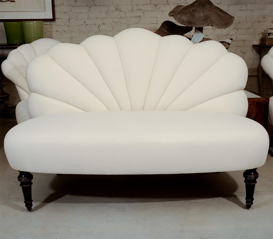 Swedish Fan Sofa in Muslin, 19th Century. Fully Upholstered with carved wooden legs.