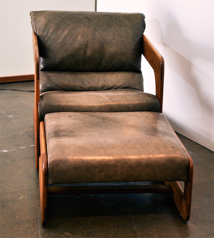 American Oak and upholstered chair and ottoman by Lou Hodges