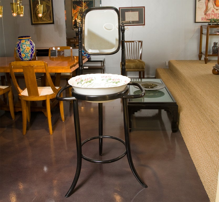 Ebonized bentwood washstand with mirror manufactured by Thonet, with original ceramic bowl.  Vienna Secessionist.