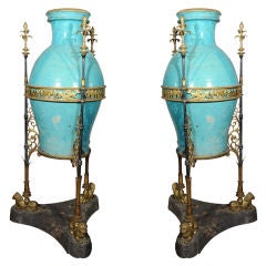 17th Century Glazed Urns on Marble Stands