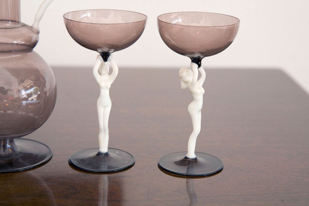 Mid-20th Century Bimini glass vases and decanter with nude female