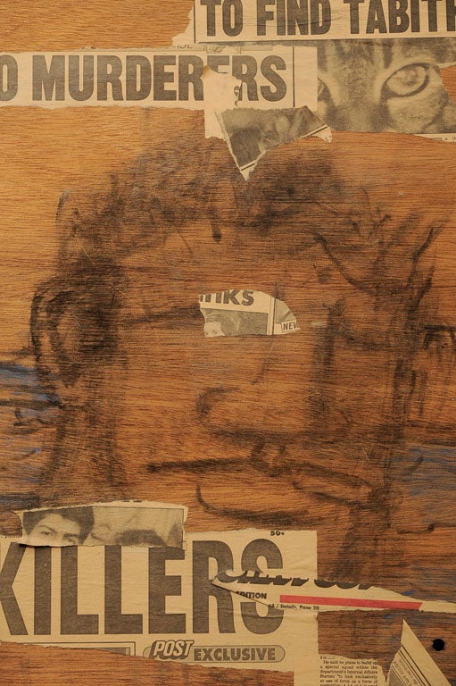 Mixed media on wine box by outsider artist Robert Loughlin.  By early I don't mean 4 o'clock this morning, I mean 1994.  Featured here is a Robert/Gary figure overlaid<br />
by a newspaper collage involving killers and missing cats.  Very Dada,