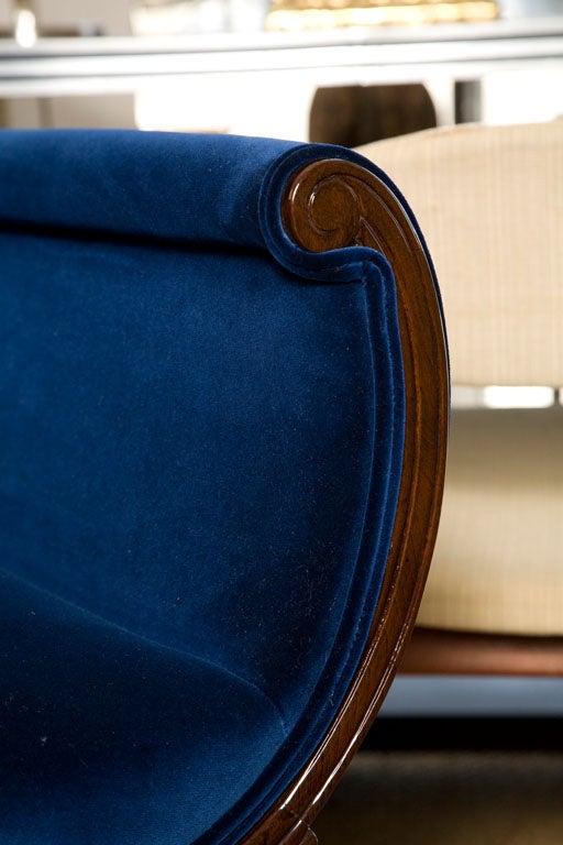 Pair Regency Chairs in Blue Belgian Velvet / Walnut finish<br />
Darren Ransdell Design