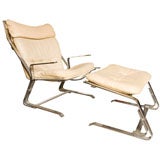 70'S SCANDINAVIAN LEATHER & CHROME LOUNGE CHAIR WITH  OTTOMAN