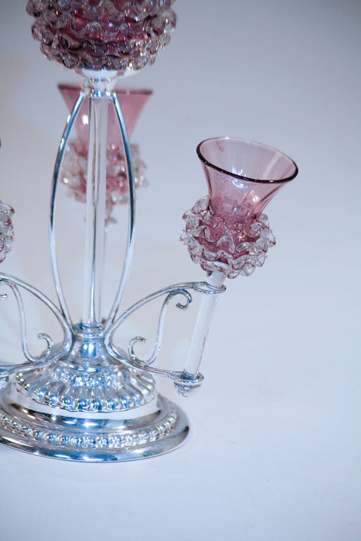 English Silver Plate and Handblown Amethyst Crystal Epergne In Excellent Condition For Sale In Great Barrington, MA