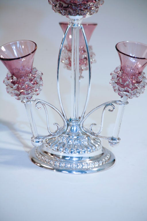 20th Century English Silver Plate and Handblown Amethyst Crystal Epergne For Sale