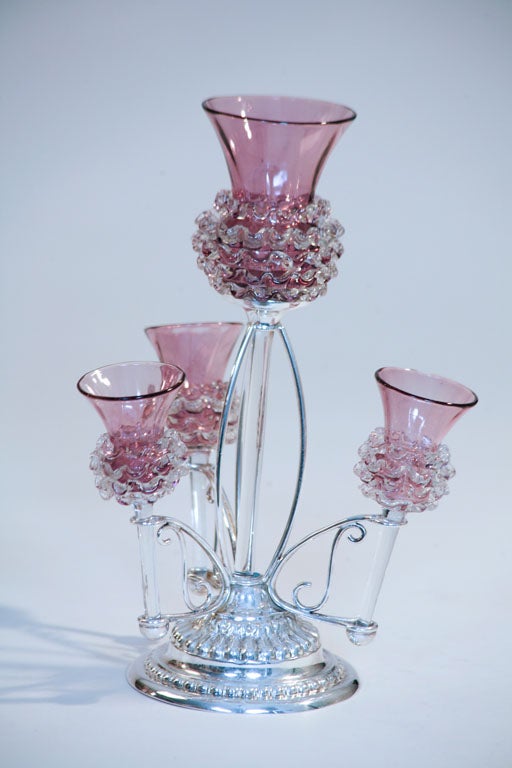 English Silver Plate and Handblown Amethyst Crystal Epergne For Sale 1