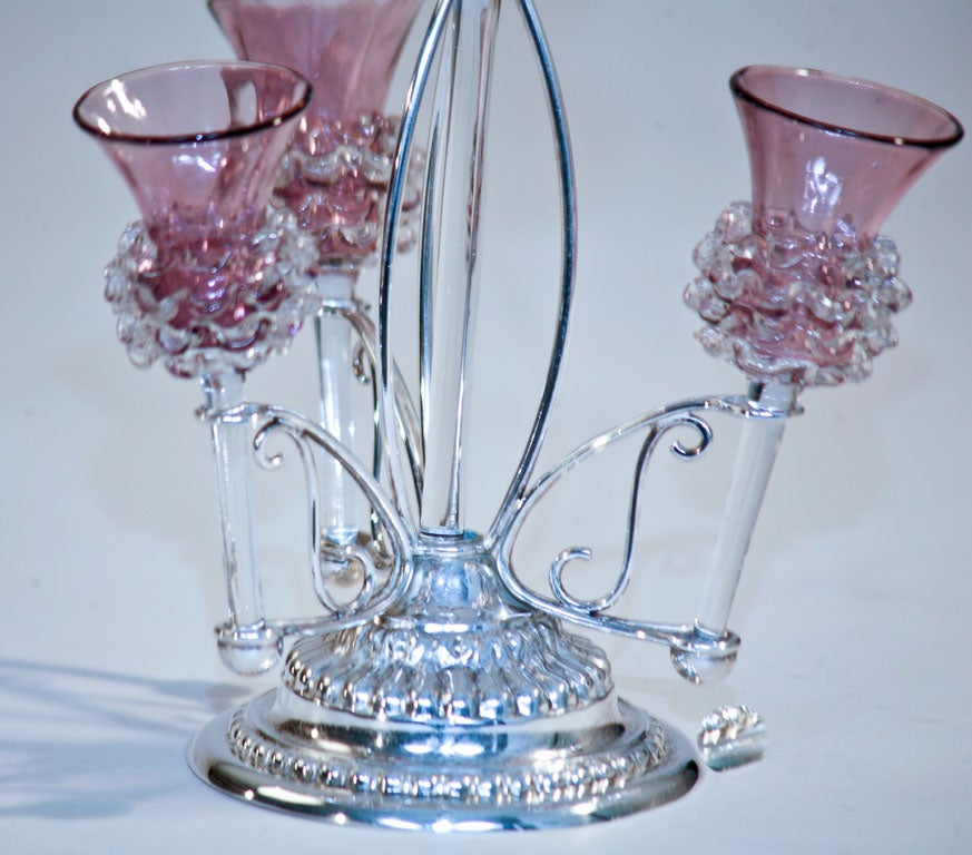English Silver Plate and Handblown Amethyst Crystal Epergne For Sale 3