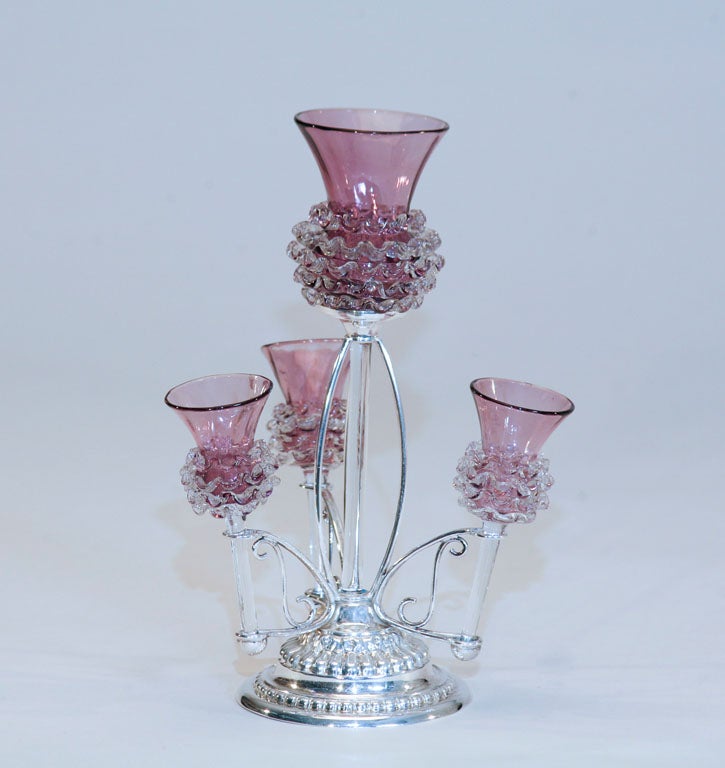 English Silver Plate and Handblown Amethyst Crystal Epergne For Sale 5