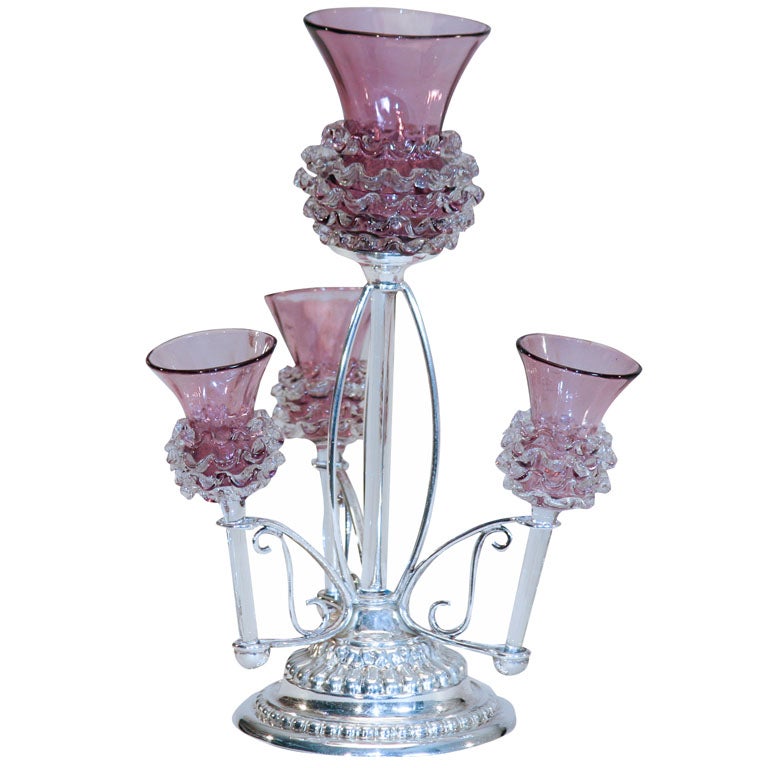 English Silver Plate and Handblown Amethyst Crystal Epergne For Sale