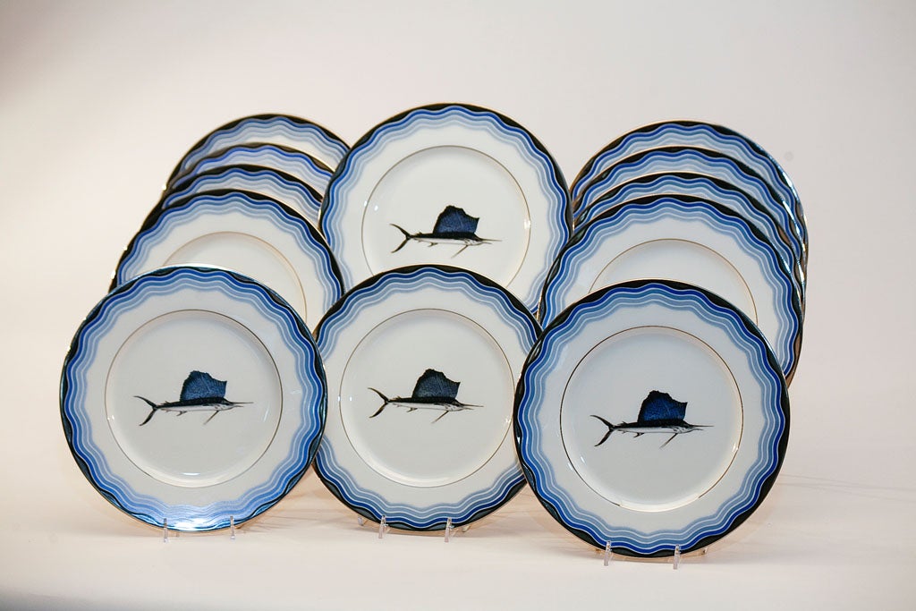 Set of 12 Lenox Art Deco Service Plates W/ Sailfish, Silver Rims 3