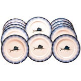Used Set of 12 Lenox Art Deco Service Plates W/ Sailfish, Silver Rims