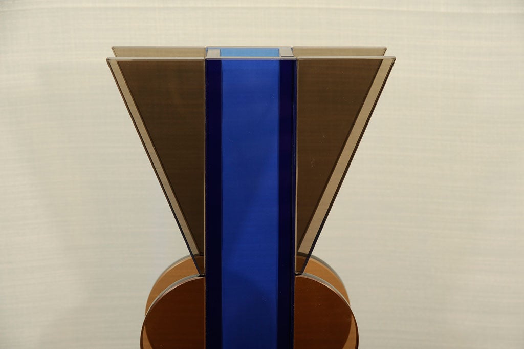  Model # 2665 vase by Ettore Sottsass for Fontana Arte.  Large-scale vase of brown and dark blue crystal, assembled into a graphic form. Number 33 from an edition of 880.