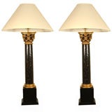 Pair  19th C. Black Marbleized and Gilt Columns as Lamps