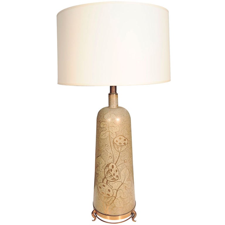 Decorative Ceramic Table Lamp on Brass Footed Base For Sale