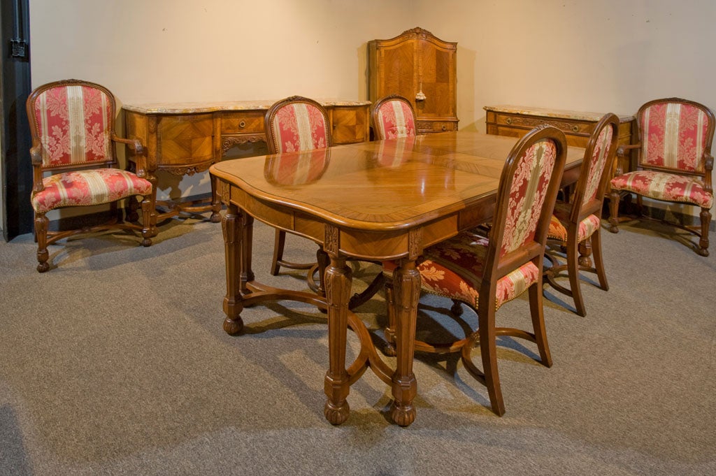Carved Walnut 10 Piece Marble Top Dining Set