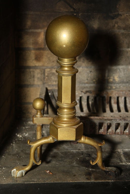 19th Century Antique   Brass   Andirons with Ball Tops For Sale