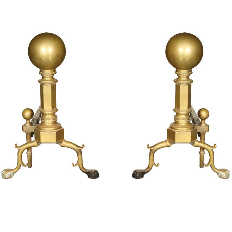 Antique   Brass   Andirons with Ball Tops For Sale