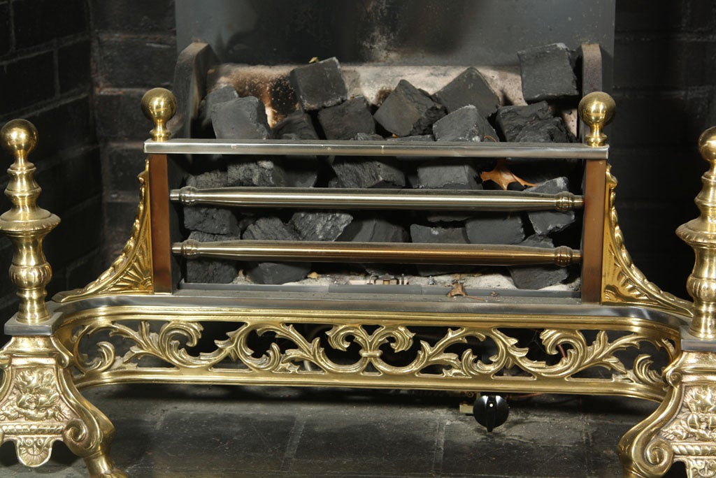 19th Century Combination  Fireplace  Andirons  And  Coal  Basket