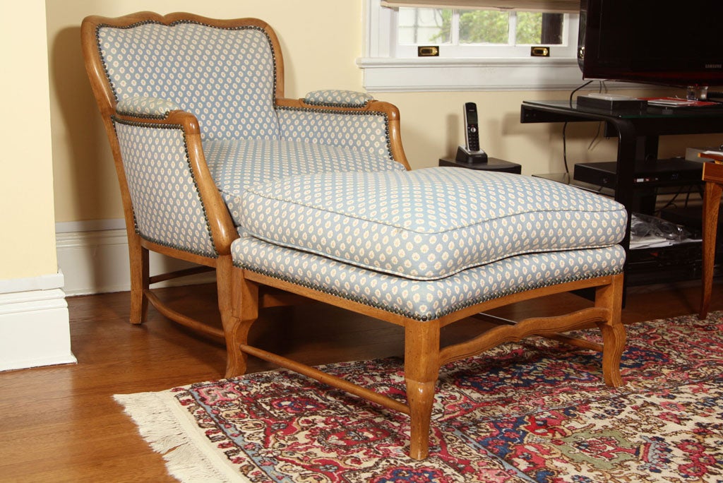 WALNUT WOOD BEGERE CHAIR AND MATCHING OTTOMAN- MADE IN THE 1940'S IN NEW YORK CITY BY DON RUSEAU.DOWN PILLOWS ..FREMCH NATURAL NAILHEADS. OTTOMAN 26