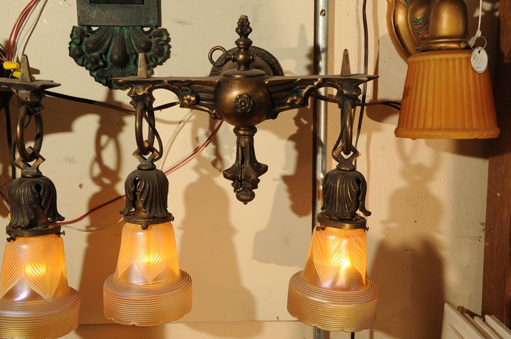 American Two-Arm Victorian Sconces with Signed Quezal Shades