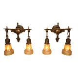 Two-Arm Victorian Sconces with Signed Quezal Shades