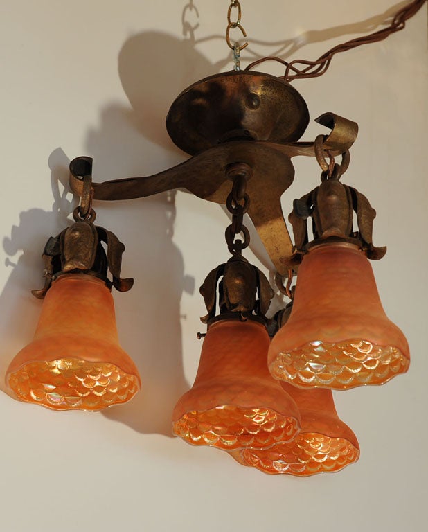 Arts and Crafts Flush Mount Fixture with Fish Scale Shades