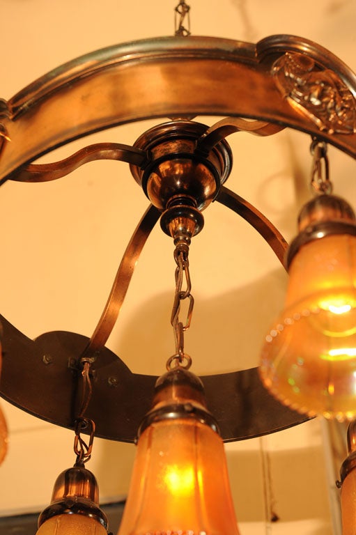 Flash Copper Finish Bronze and Ring Chandelier, Carnival Glass In Good Condition In Petaluma, CA