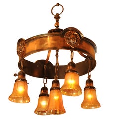 Antique Flash Copper Finish Bronze and Ring Chandelier, Carnival Glass