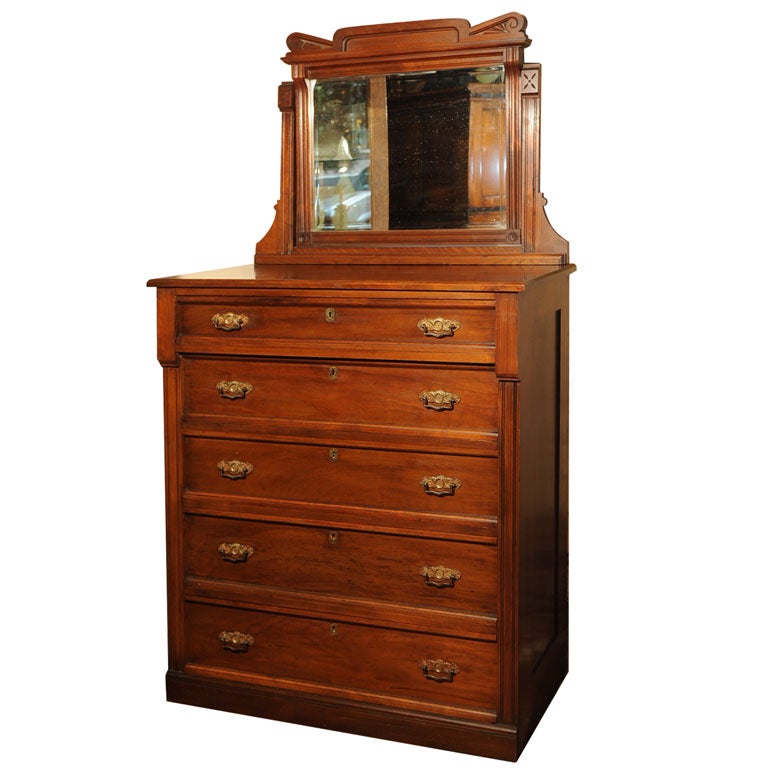 Walnut Highboy Dresser with Mirror, Victorian Eastlake