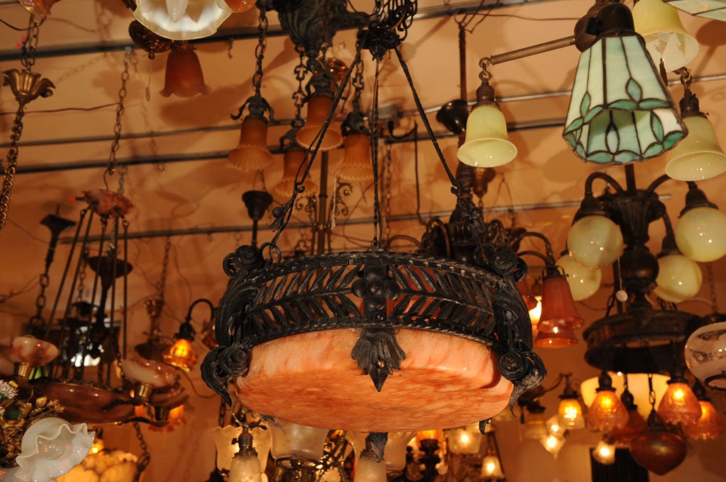 Wrought Iron and Alabaster Chandelier