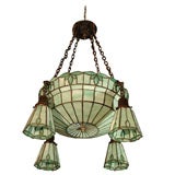 Antique Arts and Crafts Leaded Glass Chandelier with Four Side Shades