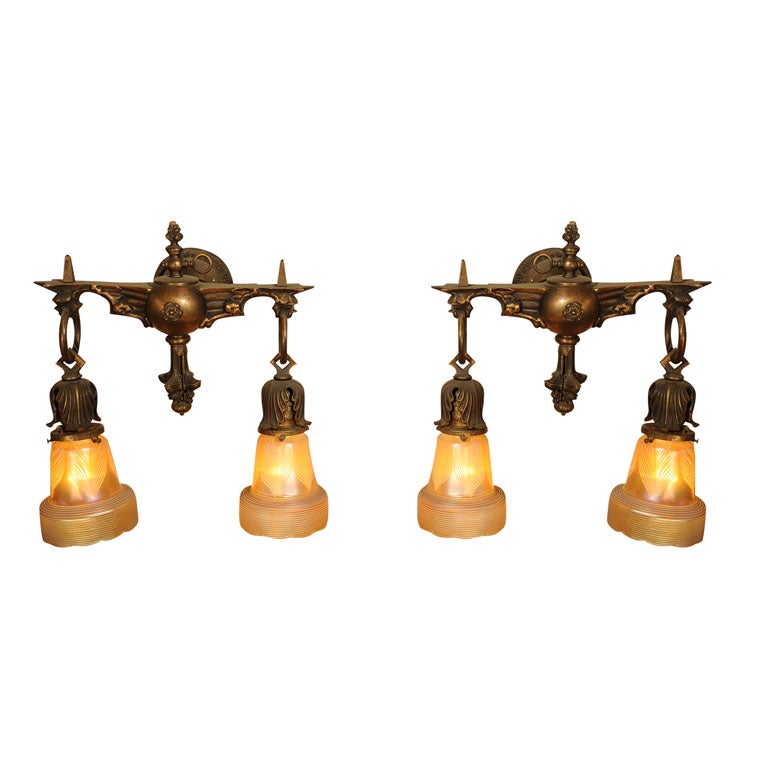 TwoArm Victorian Sconces with Signed Quezal Shades For Sale at 1stdibs
