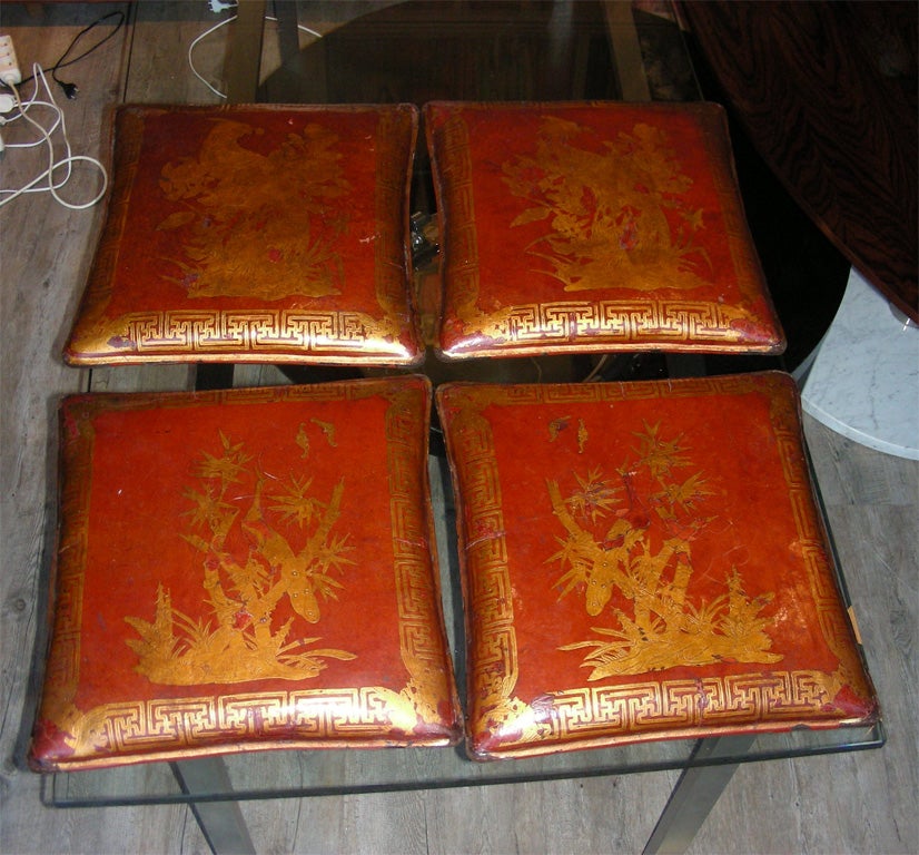 Four End of 19th Century Chinese Leather Pillows For Sale 1