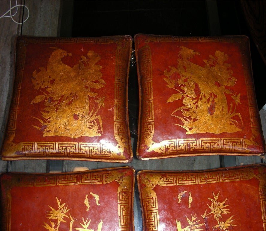 Four End of 19th Century Chinese Leather Pillows For Sale 2