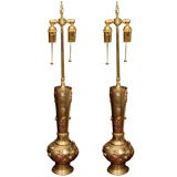 Pair Of Petite Brass and Copper Chinoiserie Style Lamps