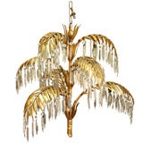 GOLD LEAF METAL AND CRYSTAL PALM FROND CHANDELIER