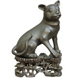 Chinese Bronze Cat on Carved Wood Base Antique Chinese Bronze Cat on Carved Wood Base