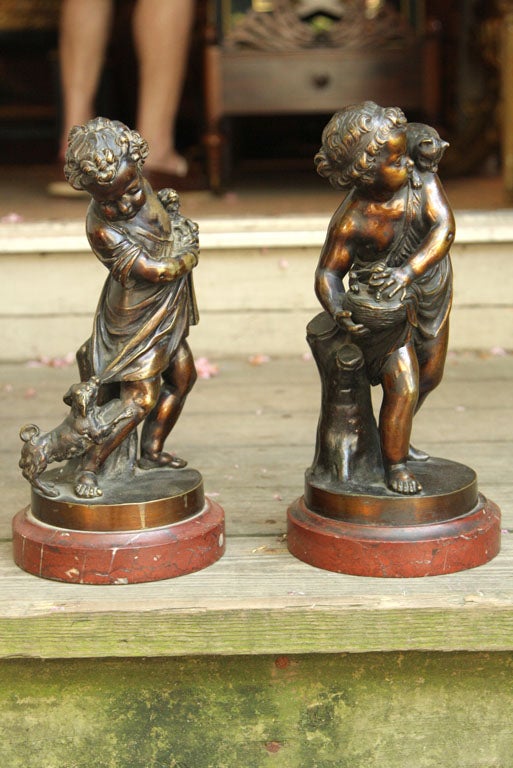 Pair Bronze Figures of a Boy and Girl