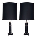 Pair of Fine Art Deco Lamps in Matte Black Enamel and Nickel
