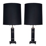 Vintage Pair of Fine Art Deco Lamps in Matte Black Enamel and Nickel