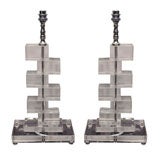 Pair of Stacked Clear Glass Cubes Lamps