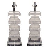 Pair of Stacked Clear and Frosted Lucite Lamps