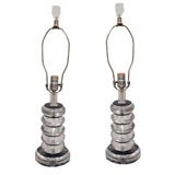 Pair of Stacked Lucite and Black Discs Lamps