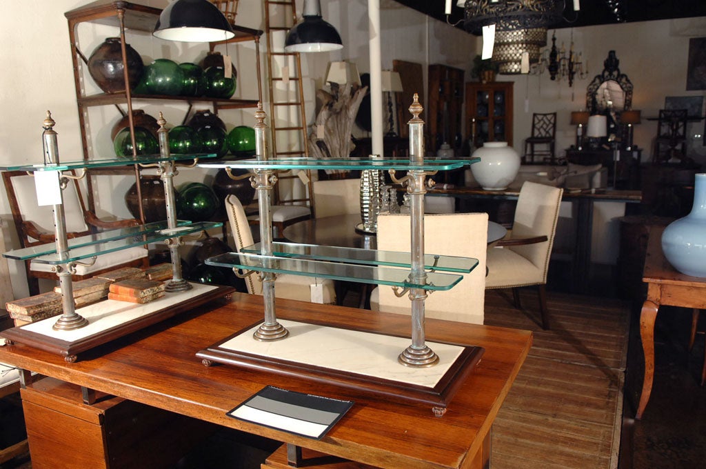 Replica French Patisserie Stand. Brass Supports With Glass Shelves On Marble And Wood Base