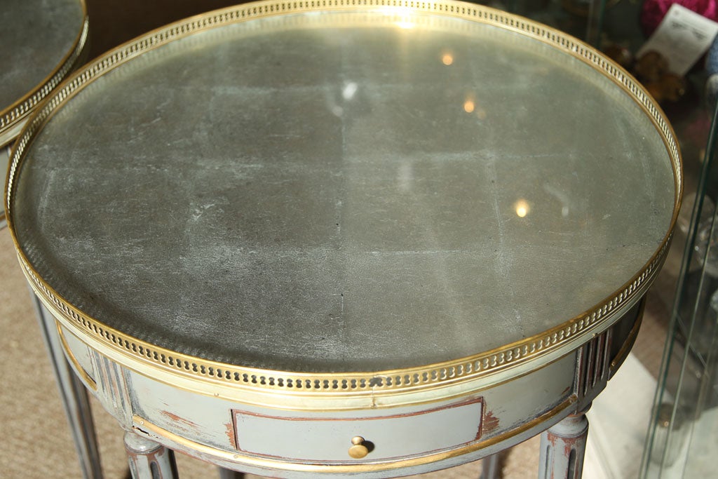 Stamped Jansen Pair of Pale Blue Bouillotte Tables with Bronze